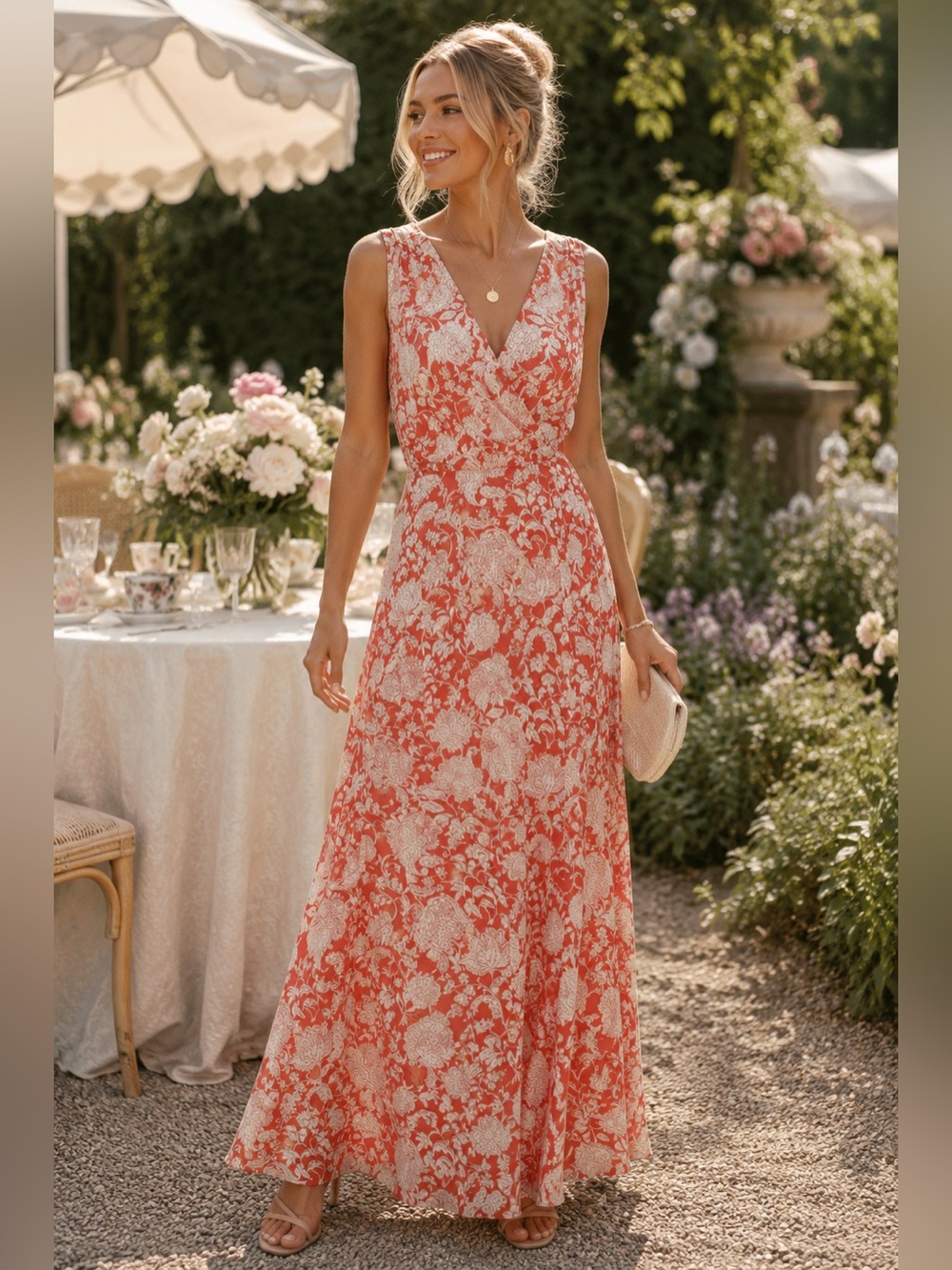 Tommy Hilfiger Coral Floral Faux Wrap Maxi Dress Sleeveless S M 6 8 Garden Party